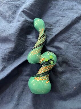 Teal Hand-Blown Glass Bubbler with Swirl Accents